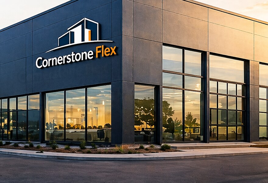 Exterior of a modern single story flex industrial building at dusk with Cornerstone Flex signage